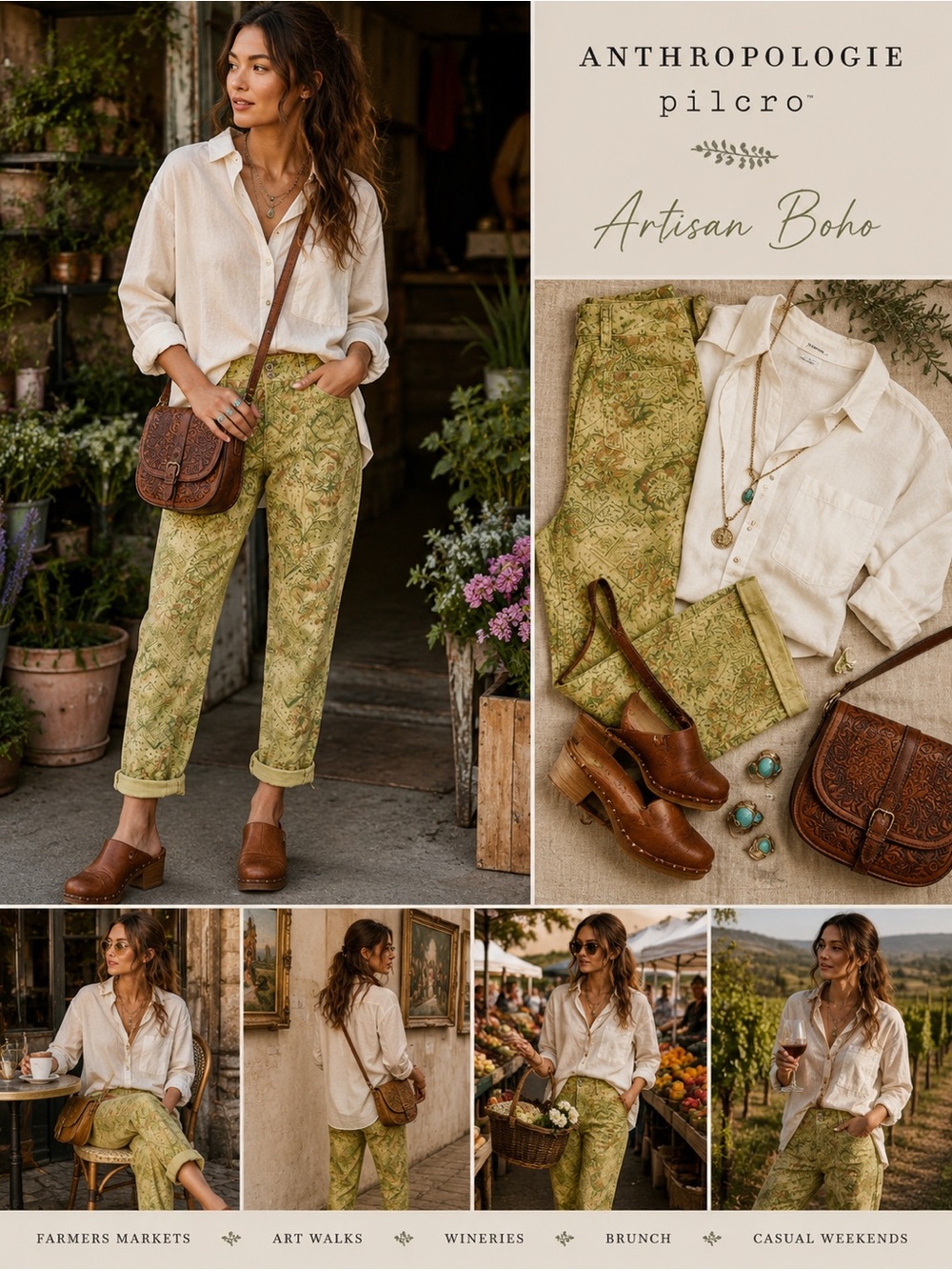 Anthropologie Pilcro The Wanderer Pants 31 Green Floral Patchwork Low Rise Boho - Picture 2 of 16